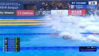 水泳でこのド迫力 最速のレース・男子50m自由形は水しぶきだらけで誰がどこにいるかわからない！