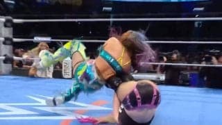 あぶない！ 日本人女子レスラーに相手の足が“突き刺さる”…飛びすぎ大ジャンプ技→まさかのカウンターくらい悶絶
