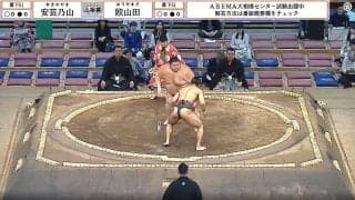すごい筋肉…“細マッチョ”力士、114キロ差の超巨漢を逆転で撃破 館内騒然